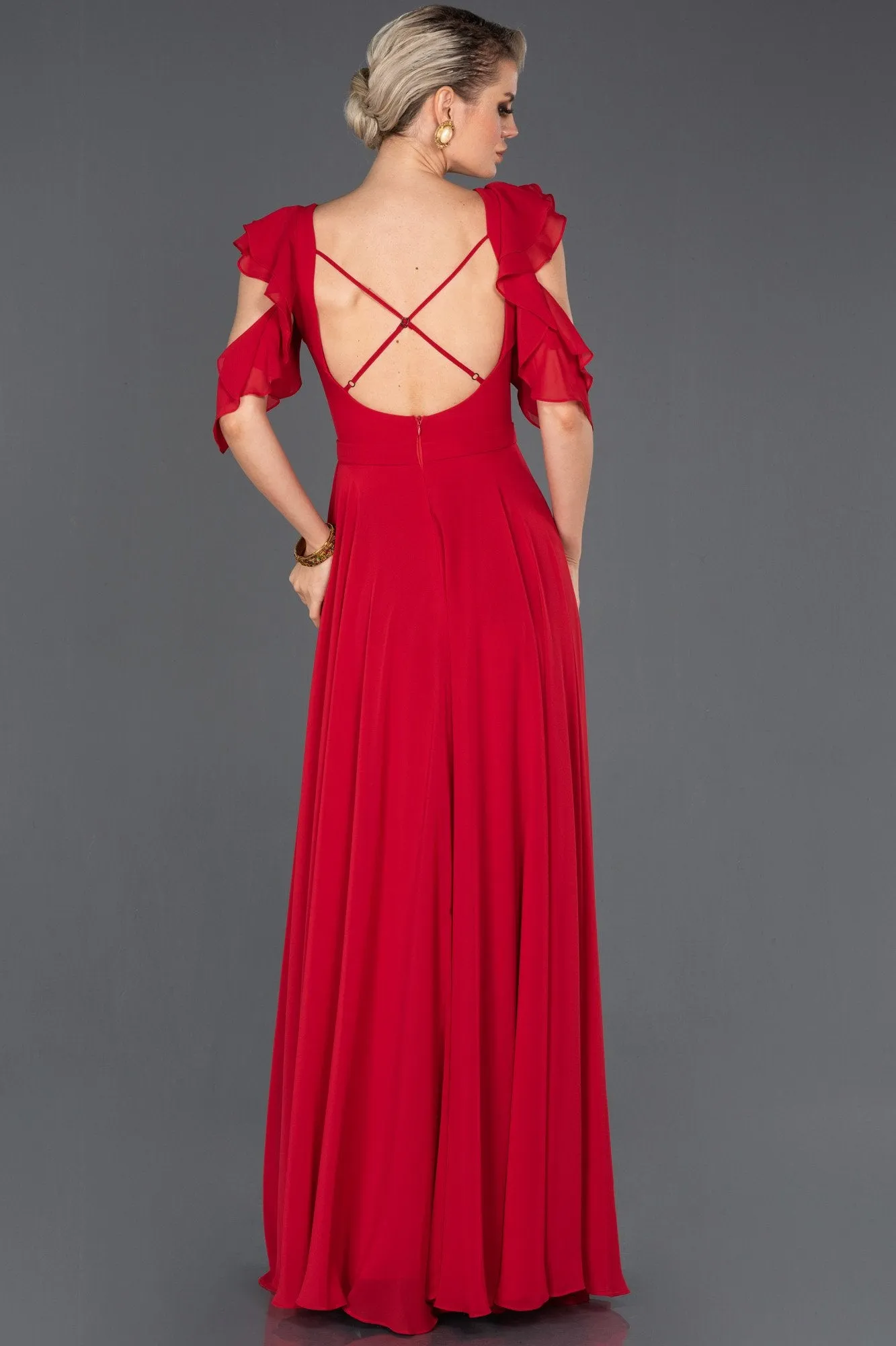 14515 Red Open Back Chiffon Dress