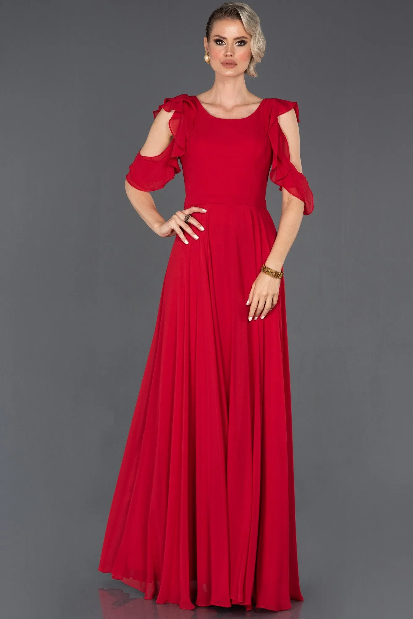 14515 Red Open Back Chiffon Dress