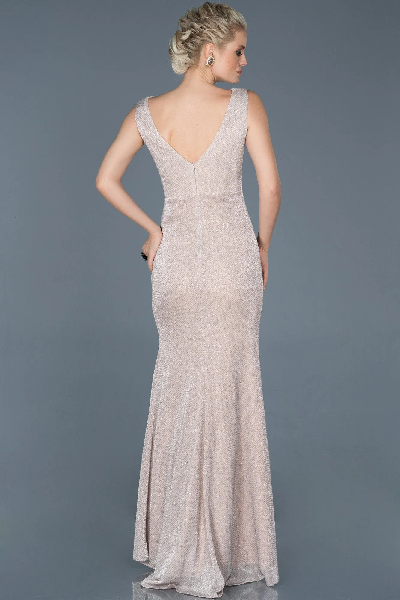 14670 Powder Shimmer Draped Slit Dress