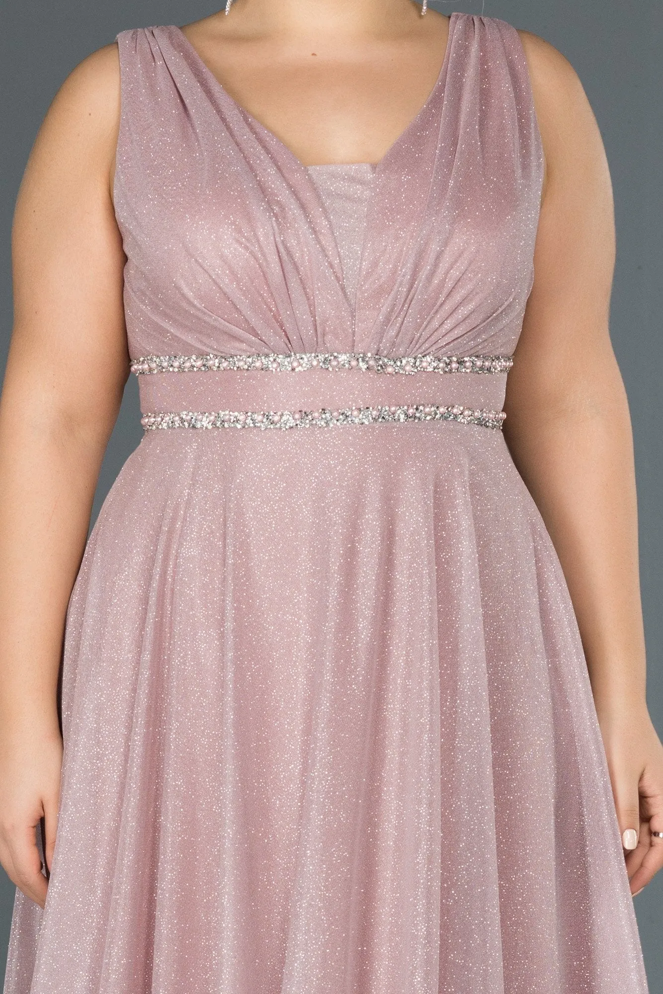 14703 Dusty Pink Draped Shimmer Dress