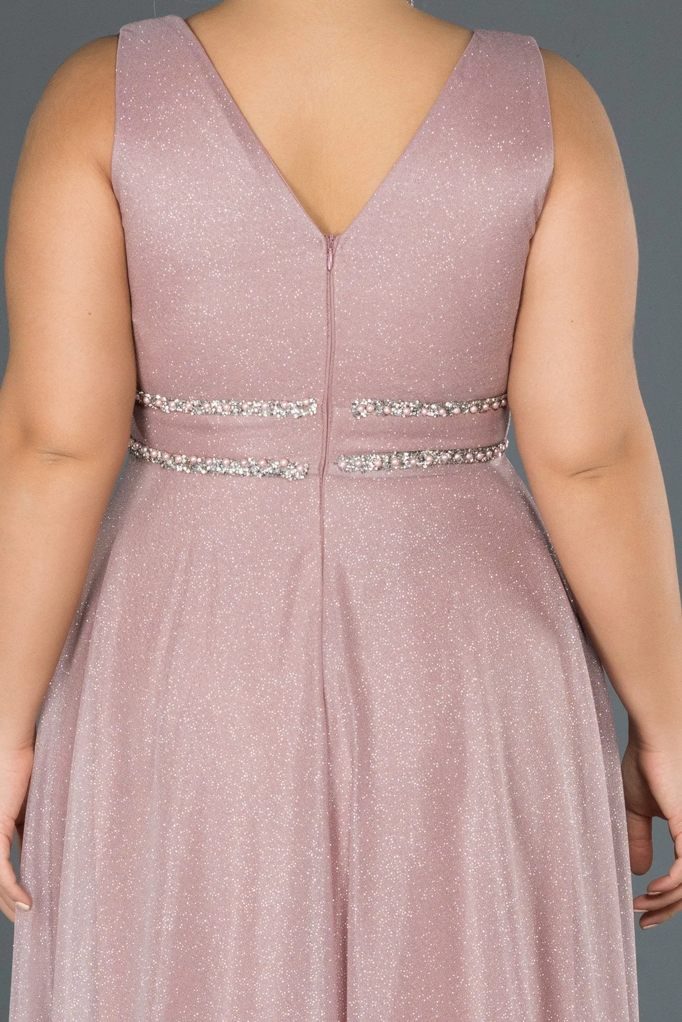14703 Dusty Pink Draped Shimmer Dress