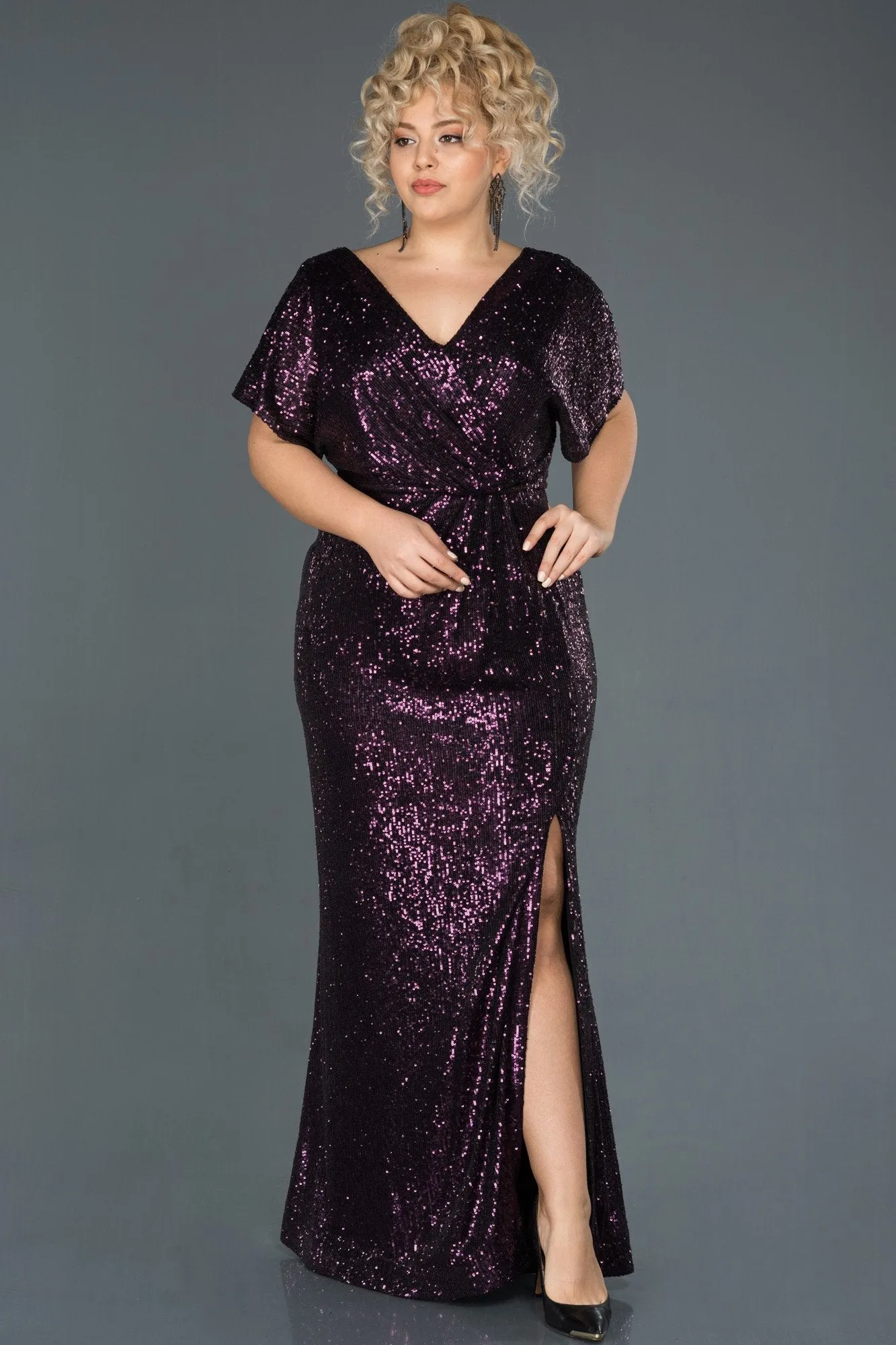 14714 Purple Slit Sequins Dress