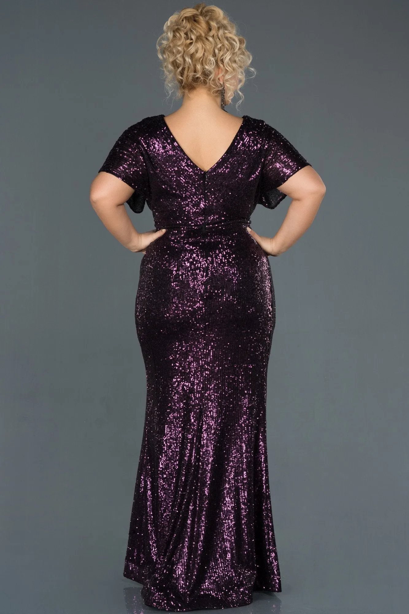 14714 Purple Slit Sequins Dress