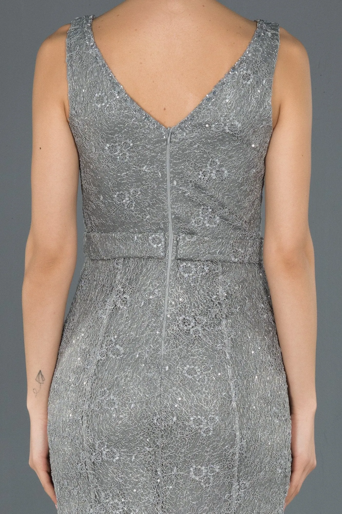 16747 Grey Belt Lace Shimmer Mermaid Dress