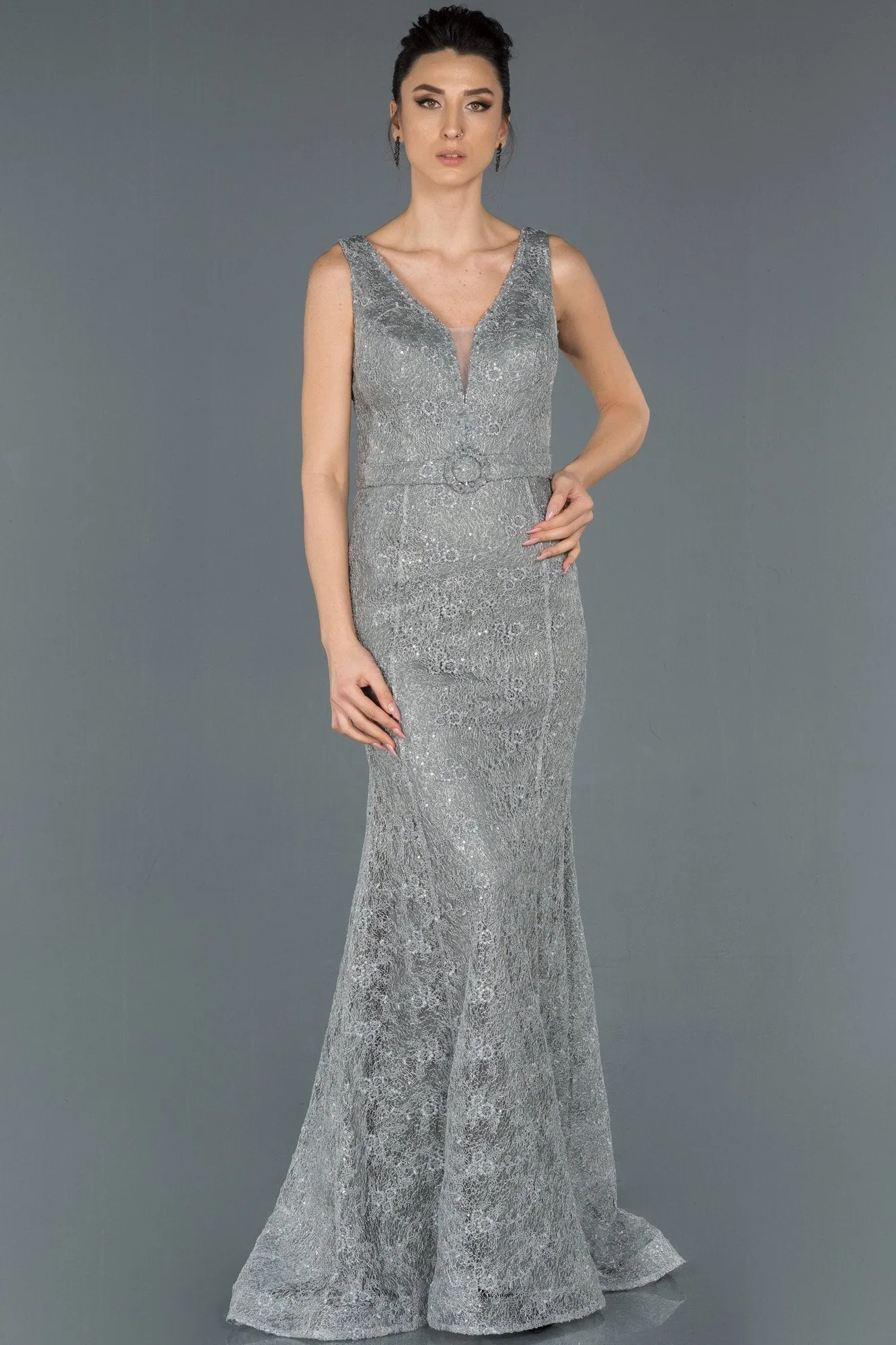 16747 Grey Belt Lace Shimmer Mermaid Dress