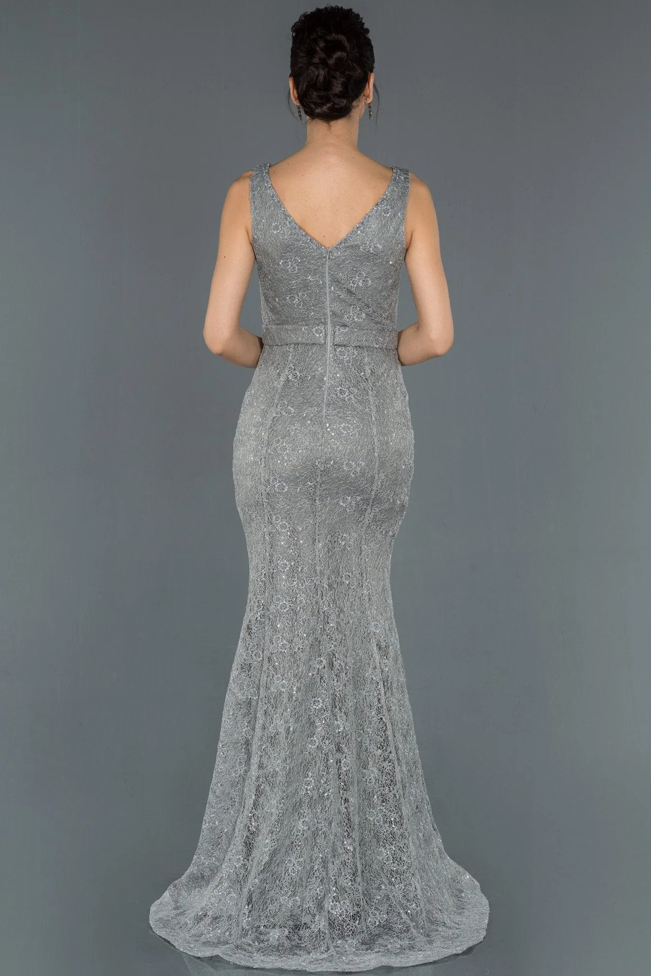 16747 Grey Belt Lace Shimmer Mermaid Dress