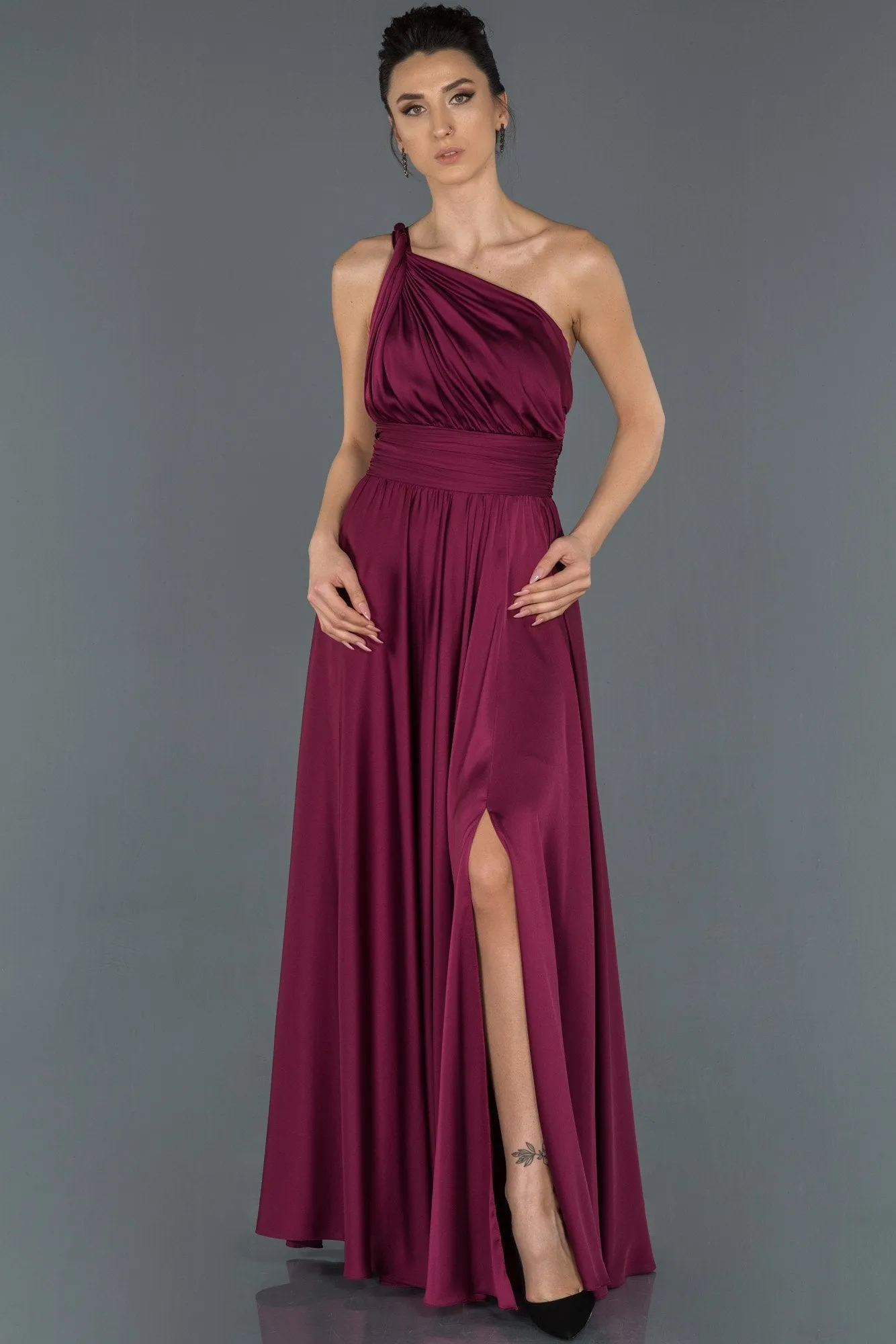 17011 Plum One Shoulder Draped Slit Satin Dress