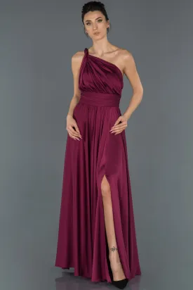 17011 Plum One Shoulder Draped Slit Satin Dress