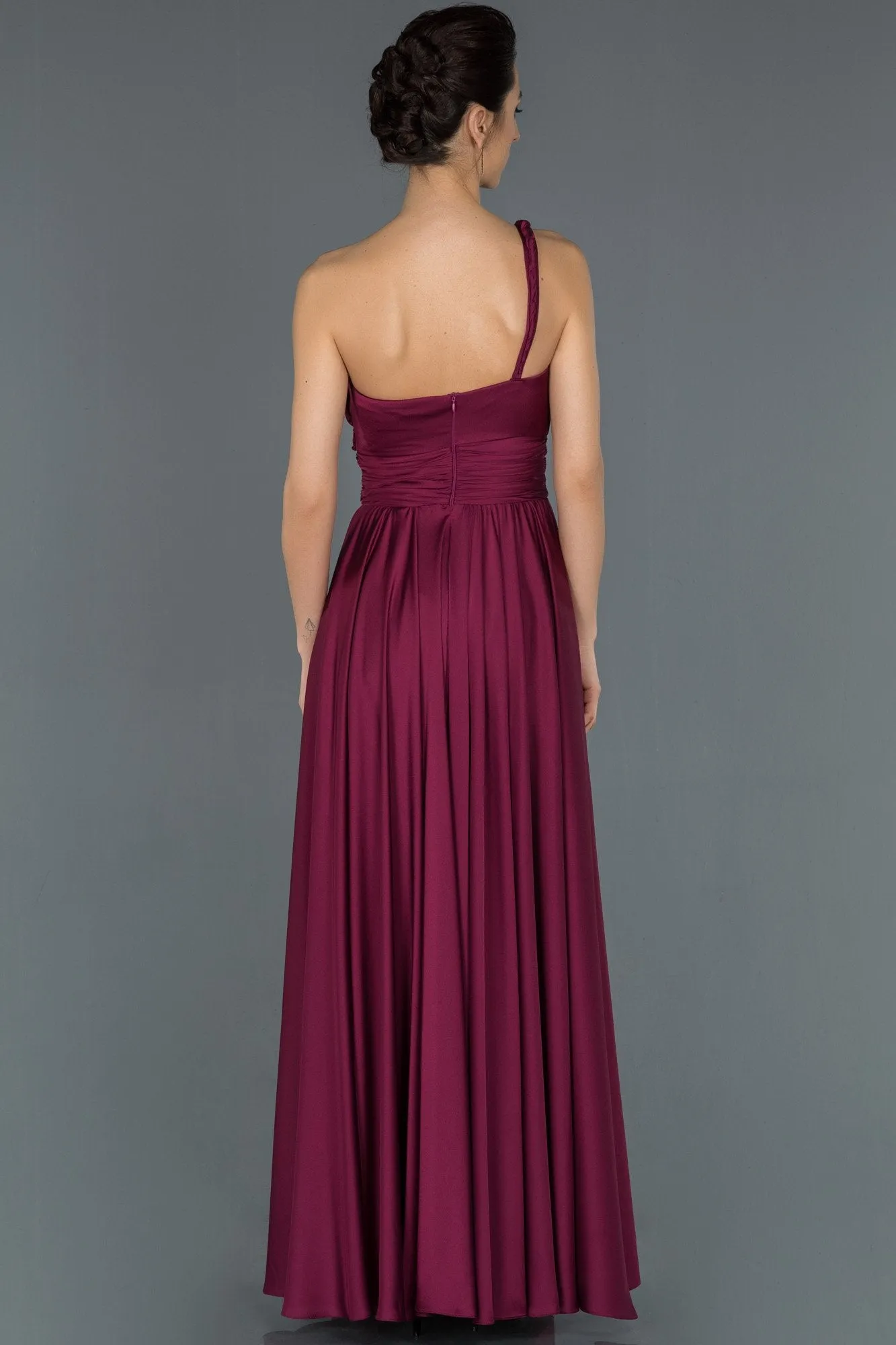 17011 Plum One Shoulder Draped Slit Satin Dress