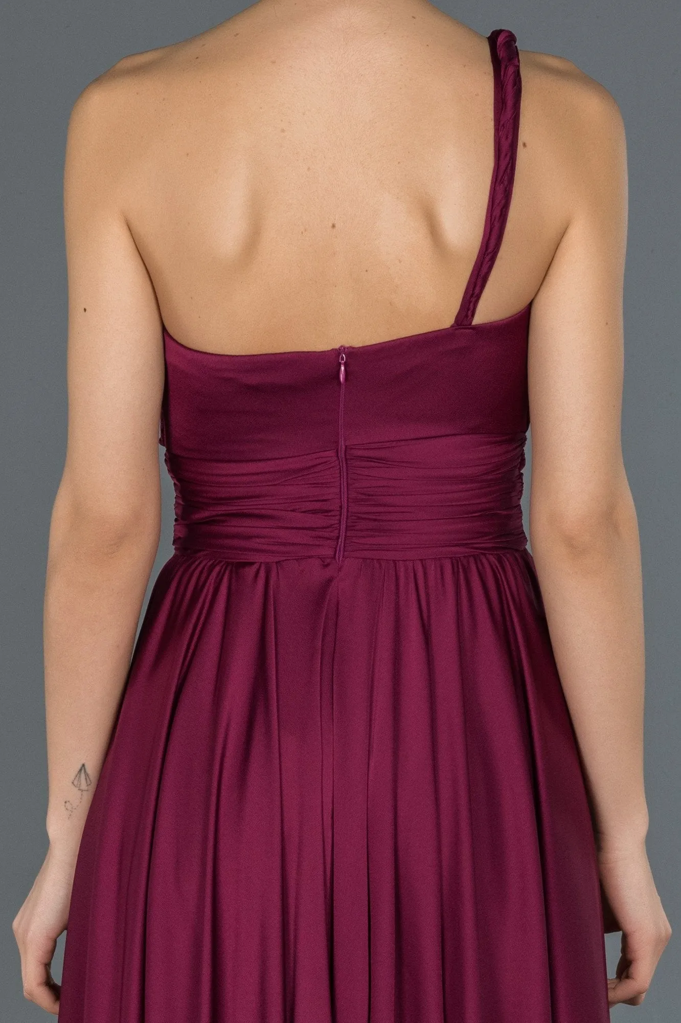 17011 Plum One Shoulder Draped Slit Satin Dress