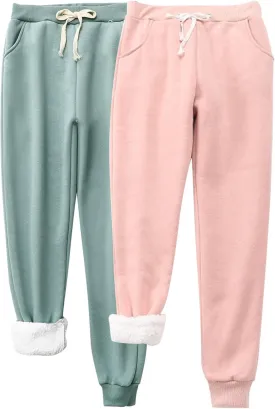 2 Pack: Fleece Sherpa Lined Sweatpants Women Winter Warm Athletic Hiking Running Thermal Joggers Lounge Track Pants