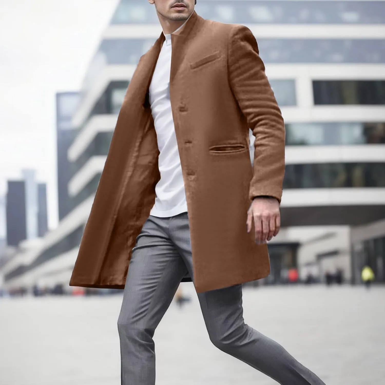 2023 Men's Casual Trench Coat Slim Fit Notched Collar Long Suit Jacket Overcoat Single Breasted Pea Coat Blazers wih Pockets