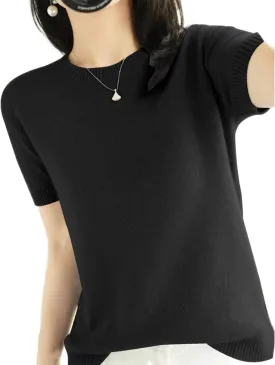2025 Summer Fall Women's Short Sleeve Sweaters Crew Neck Solid Color Pullover Sweater Lightweight Soft Knitted T-Shirt Tops