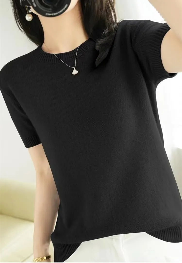 2025 Summer Fall Women's Short Sleeve Sweaters Crew Neck Solid Color Pullover Sweater Lightweight Soft Knitted T-Shirt Tops