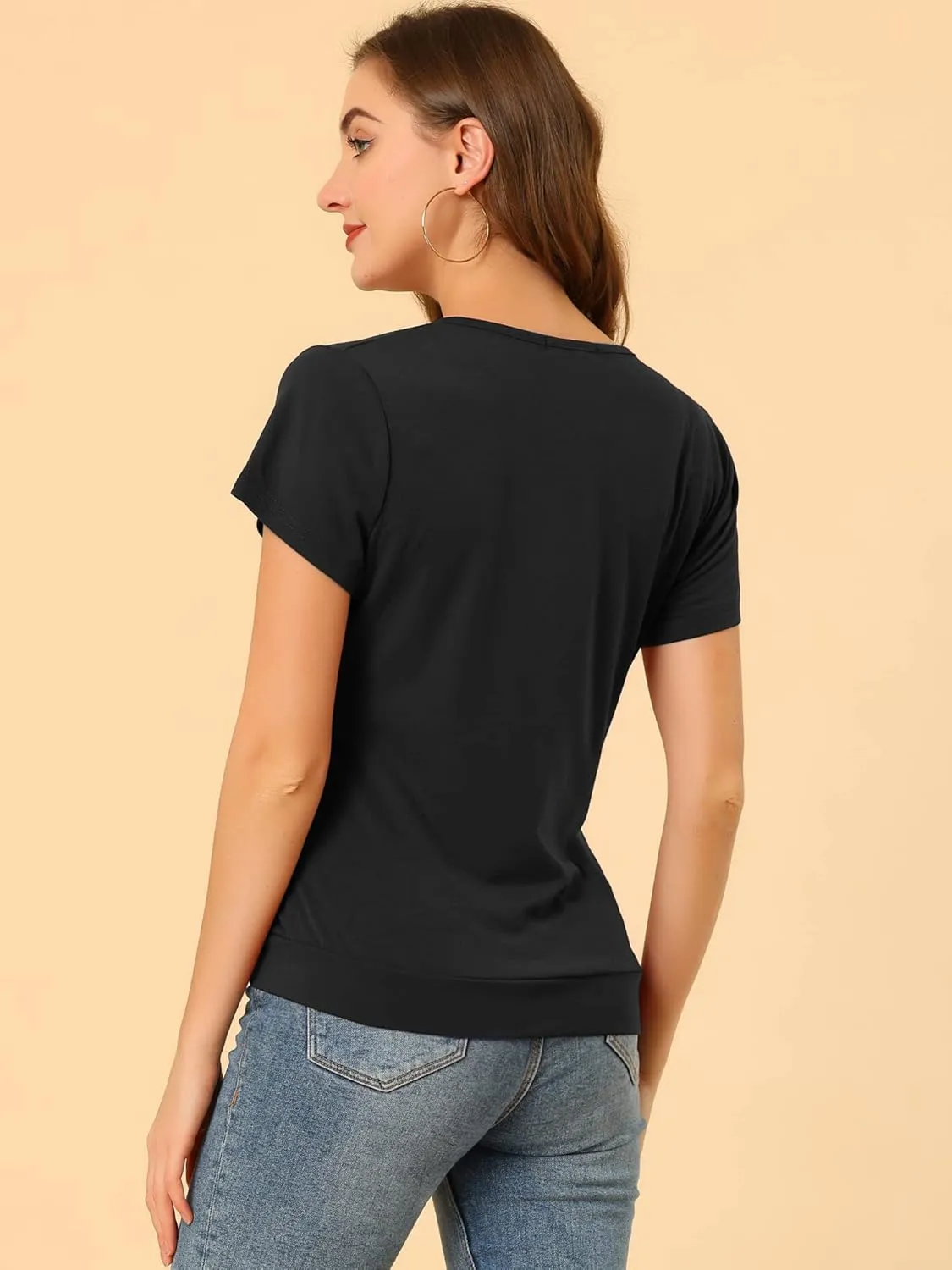 Allegra K Women's V Neck Wrap Top Short Sleeve Button Decor Ruched Top