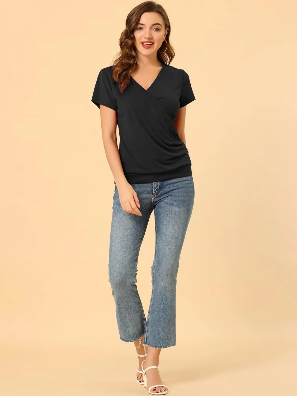 Allegra K Women's V Neck Wrap Top Short Sleeve Button Decor Ruched Top