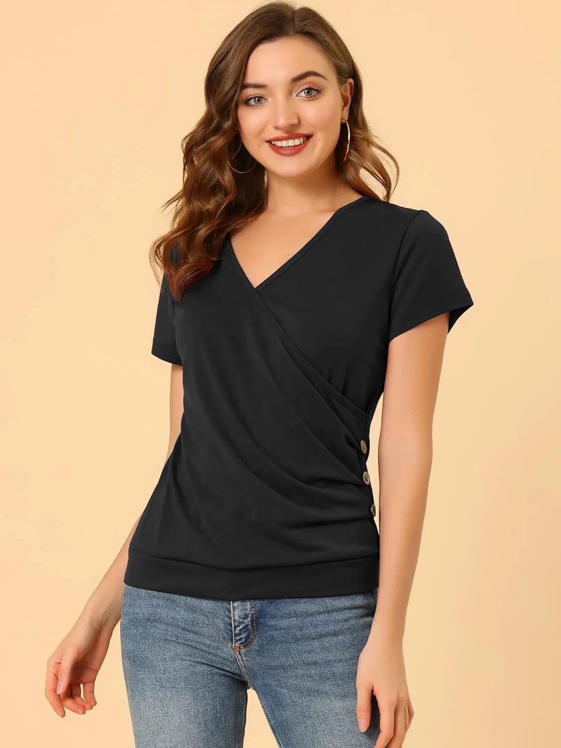 Allegra K Women's V Neck Wrap Top Short Sleeve Button Decor Ruched Top