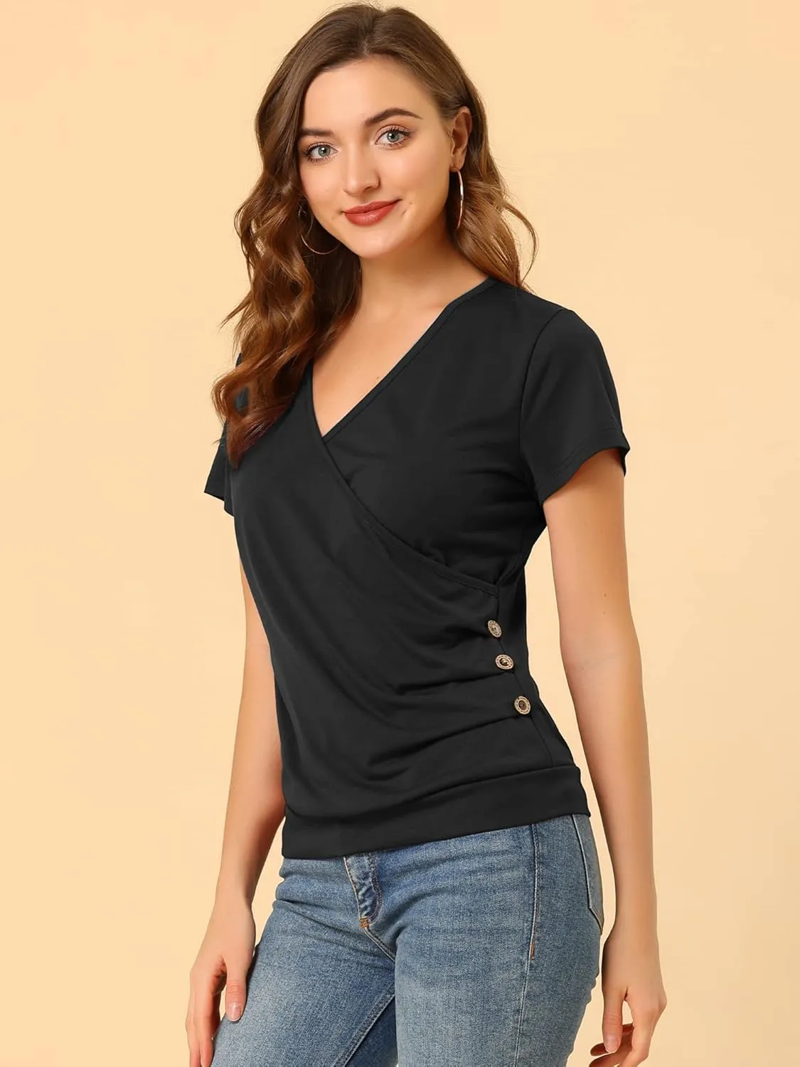 Allegra K Women's V Neck Wrap Top Short Sleeve Button Decor Ruched Top