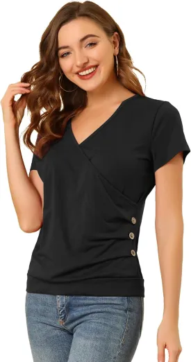 Allegra K Women's V Neck Wrap Top Short Sleeve Button Decor Ruched Top