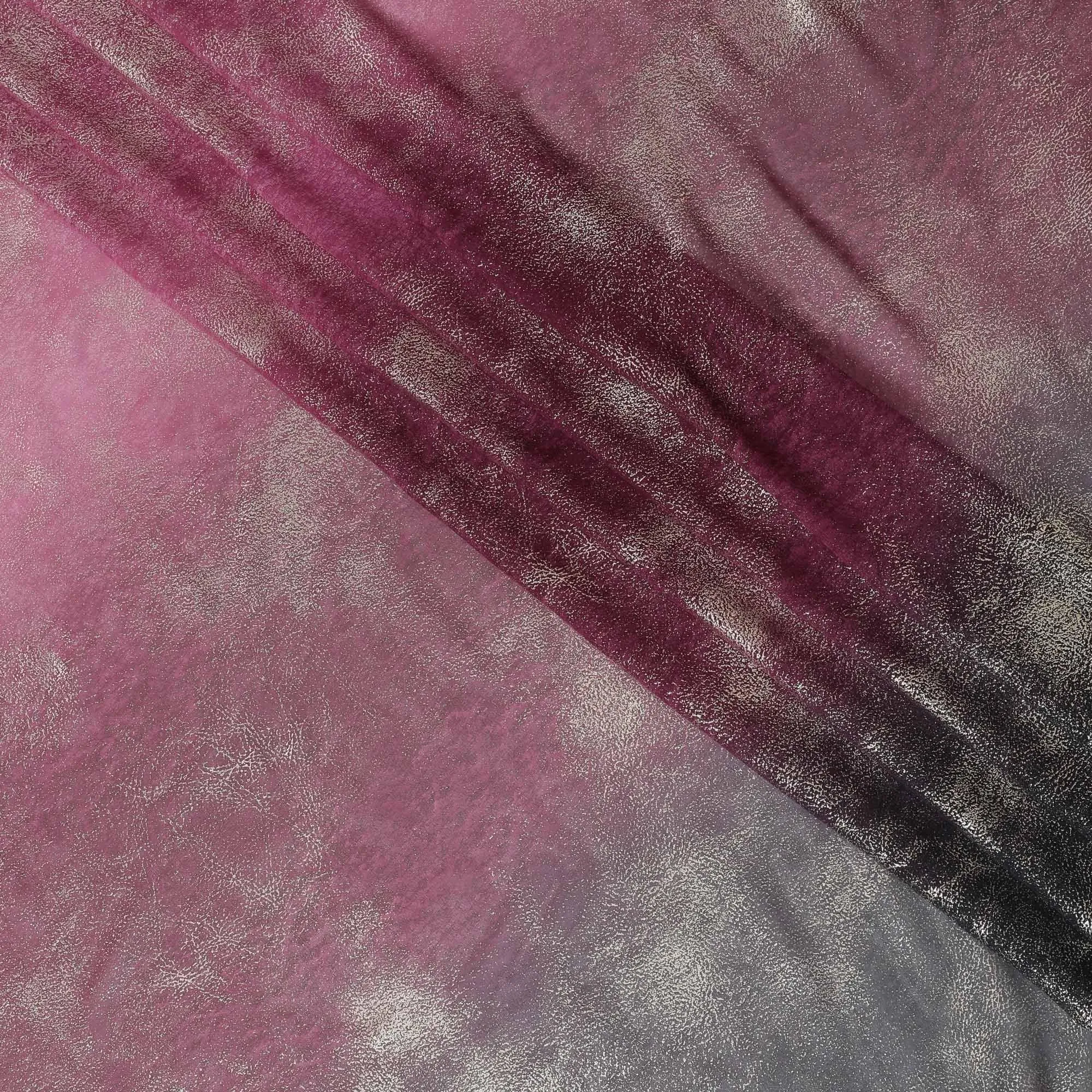 Baby pink to black synthetic chiffon fabric having gold metallic foil in ombre design-D10658