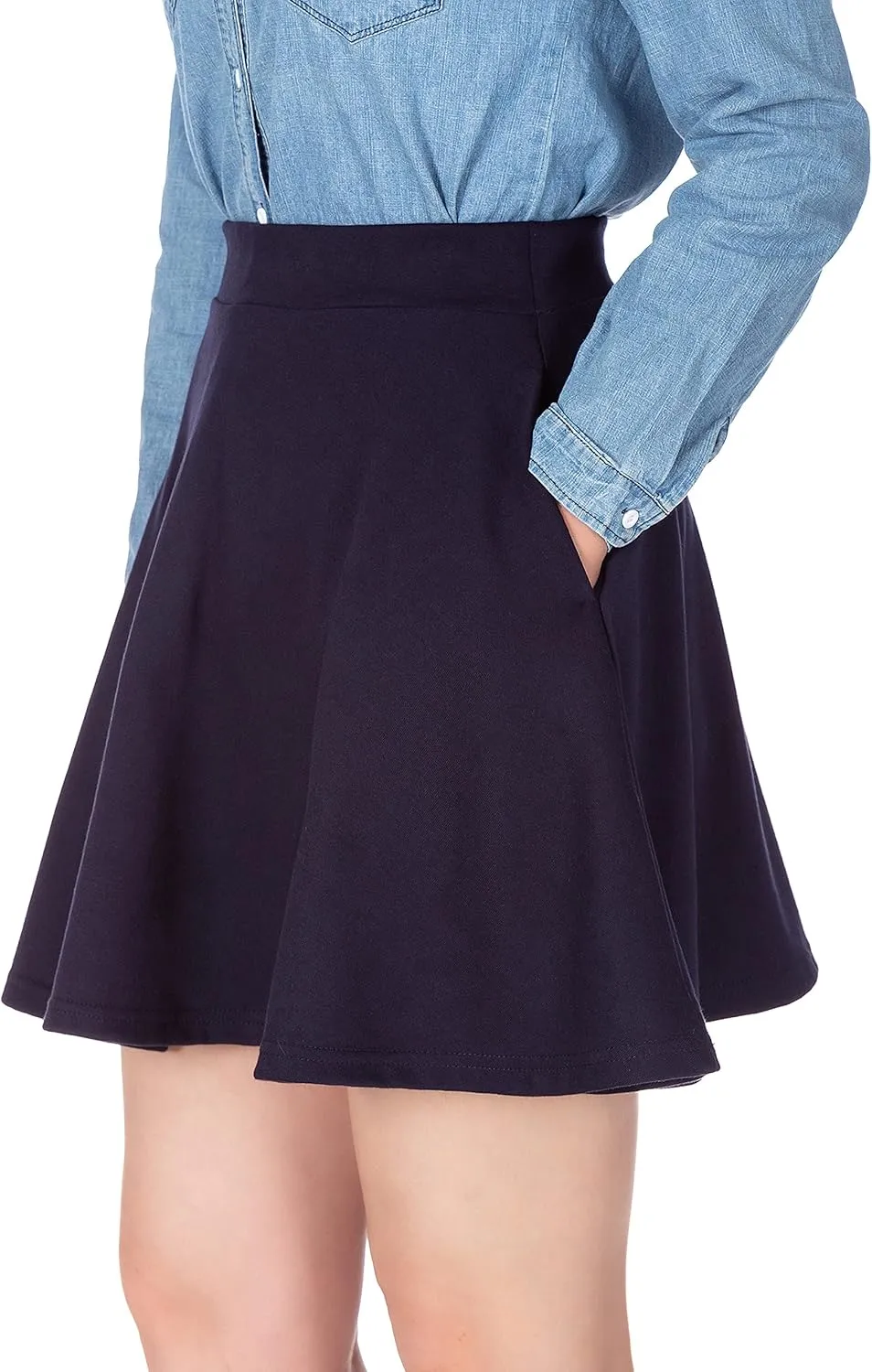 Basic Solid Stretchy Cotton High Waist A-line Flared Casual Skater Mini Skirt