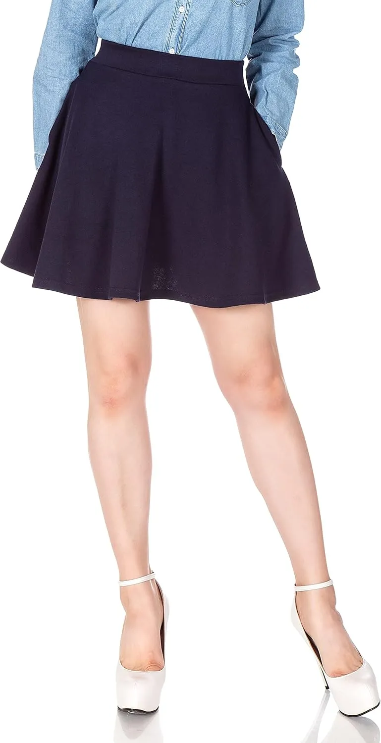 Basic Solid Stretchy Cotton High Waist A-line Flared Casual Skater Mini Skirt