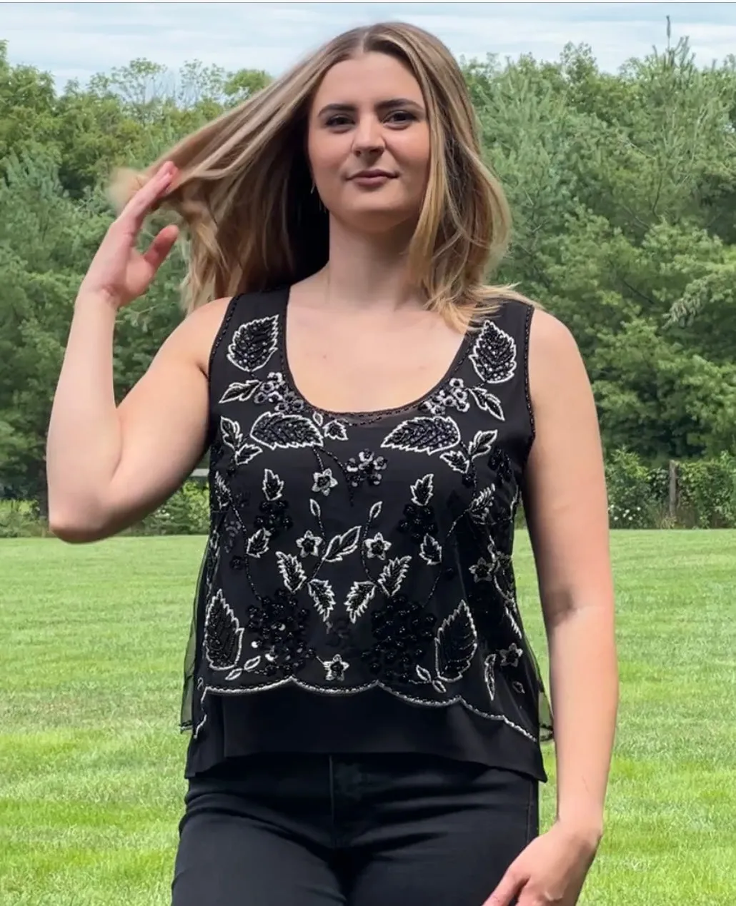 Beads & Sequins embroidered Chiffon Tank (Black)
