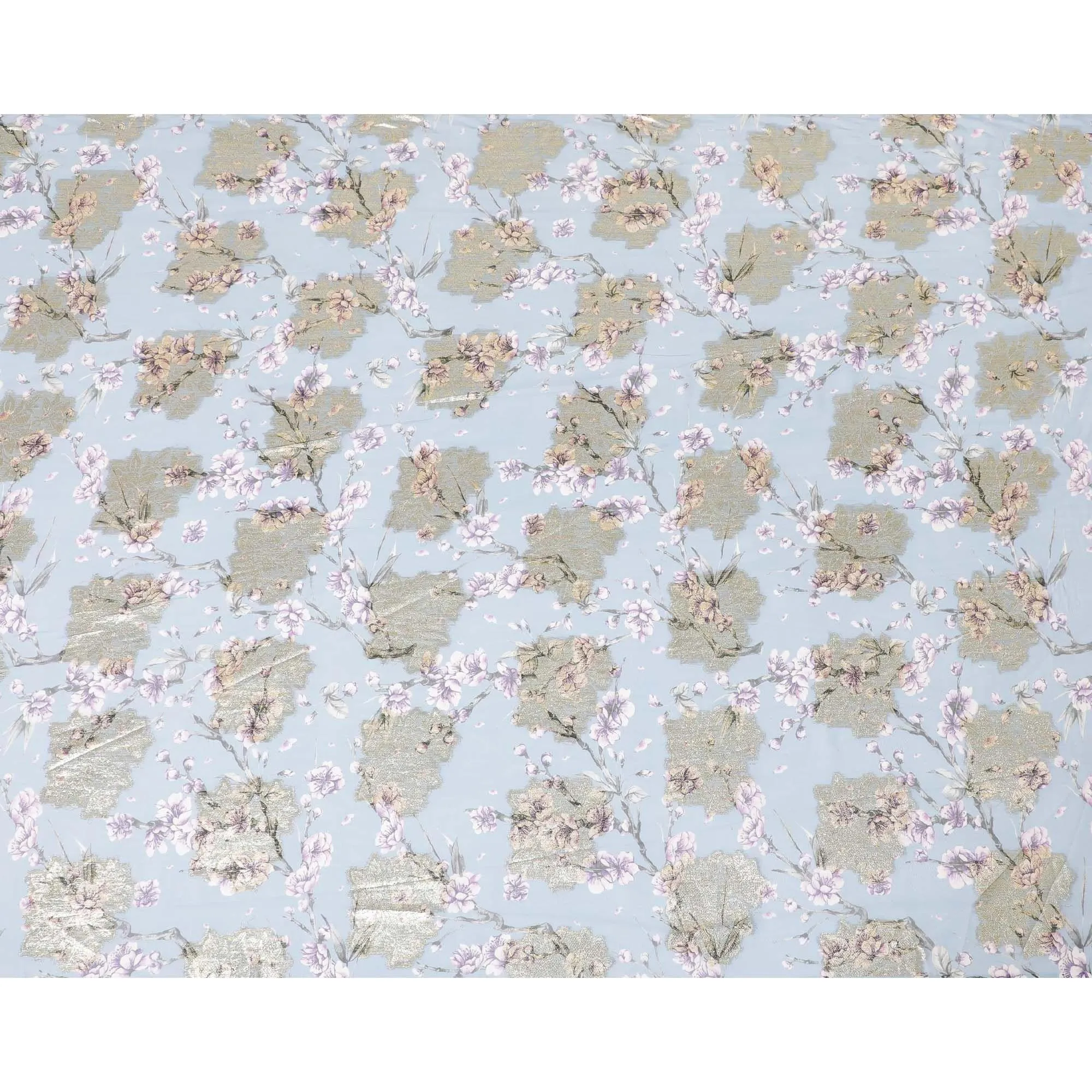 Blizzard blue synthetic chiffon fabric with multicolor print having gold metallic lurex in floral design-D8310