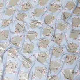 Blizzard blue synthetic chiffon fabric with multicolor print having gold metallic lurex in floral design-D8310