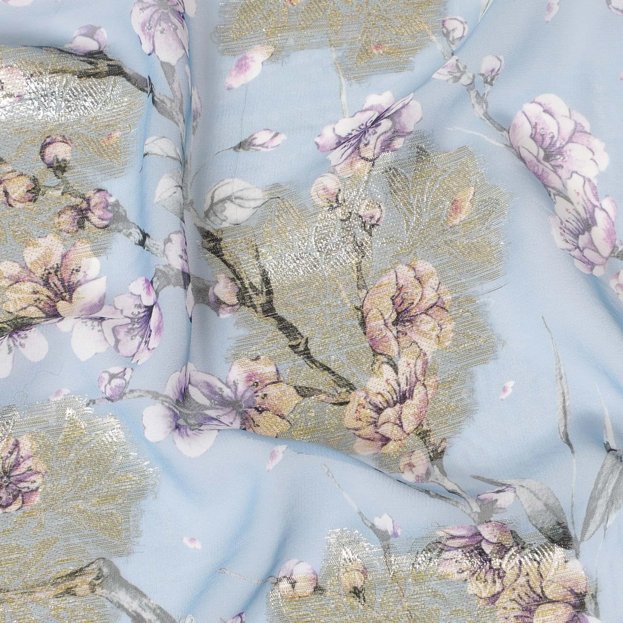 Blizzard blue synthetic chiffon fabric with multicolor print having gold metallic lurex in floral design-D8310