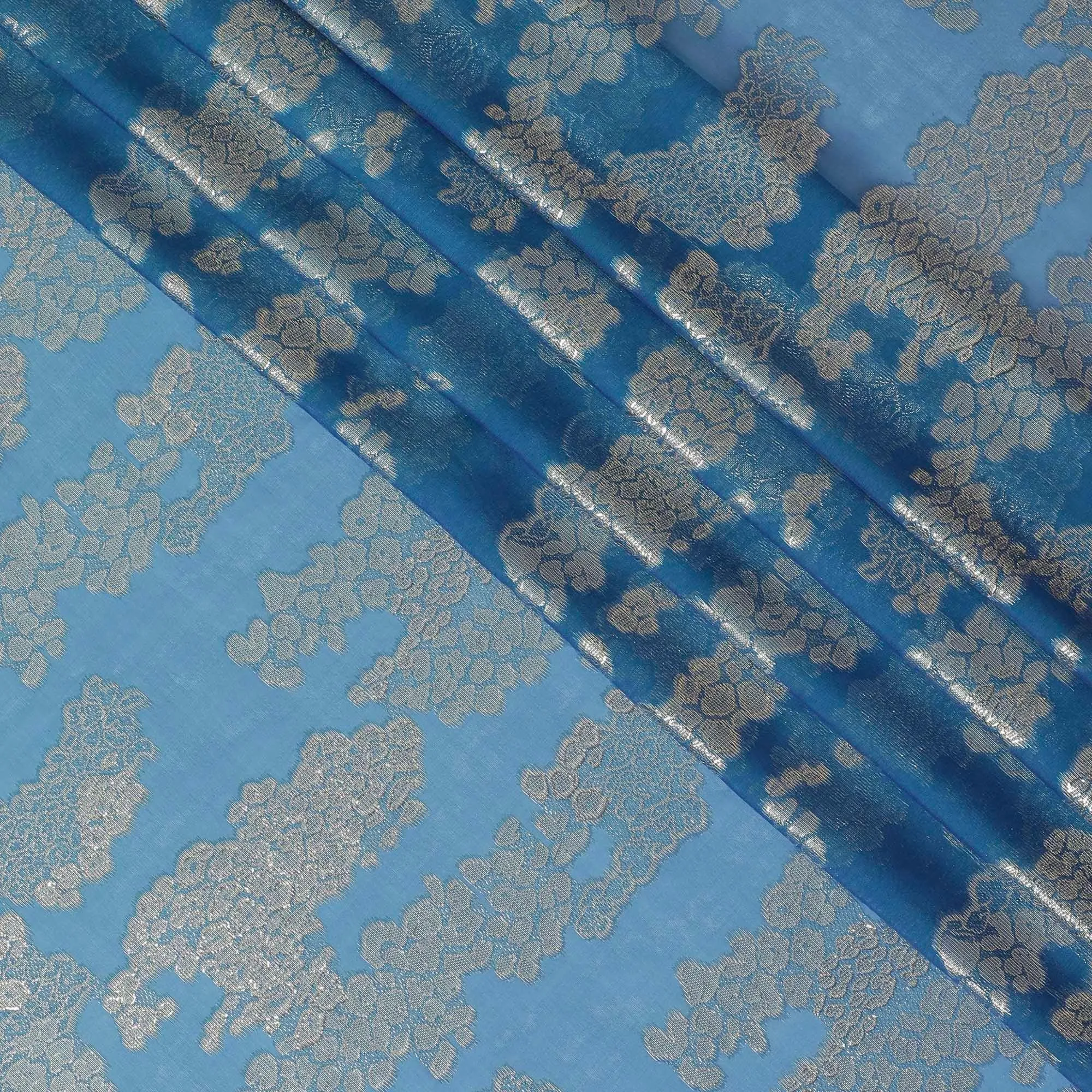 Blue green premium pure silk chiffon fabric with gold metallic lurex in fancy design-D10345
