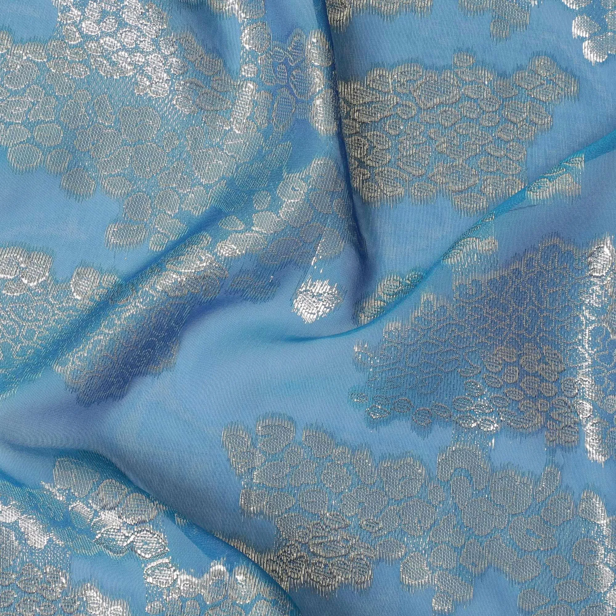 Blue green premium pure silk chiffon fabric with gold metallic lurex in fancy design-D10345
