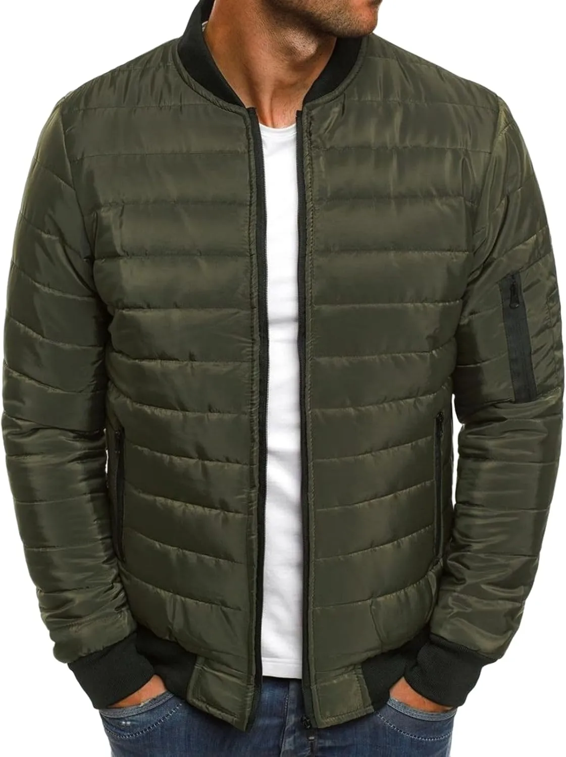 Bomber Jacket Men Diamond Casual Zip Up Quilted Varsity Jackets Winter Warm Lightweight Padded Outwear Flight Coat