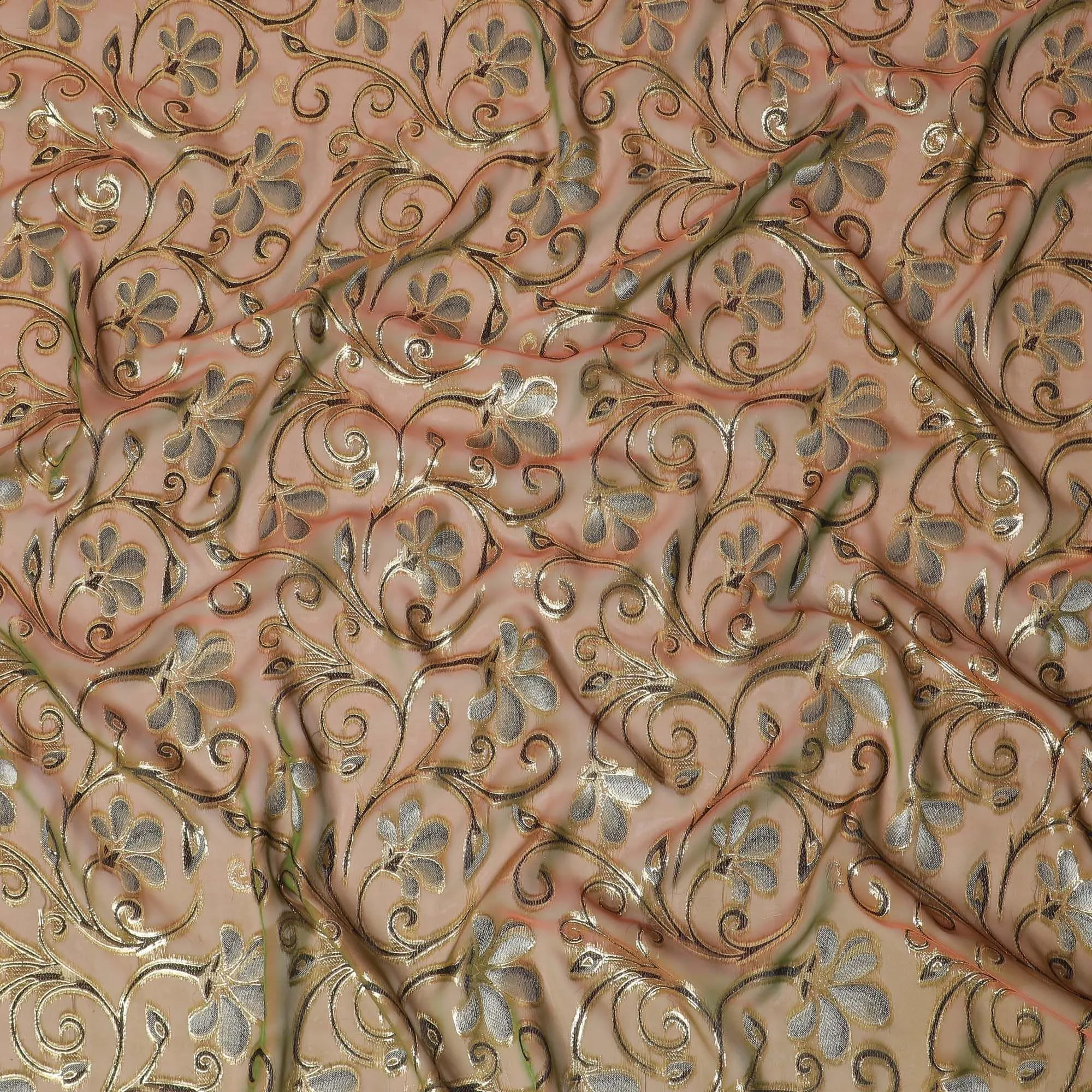 Brown Premium pure changent silk chiffon fabric with black, sage green viscose having gold metallic lurex in floral design-D14644