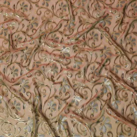 Brown Premium pure changent silk chiffon fabric with black, sage green viscose having gold metallic lurex in floral design-D14644