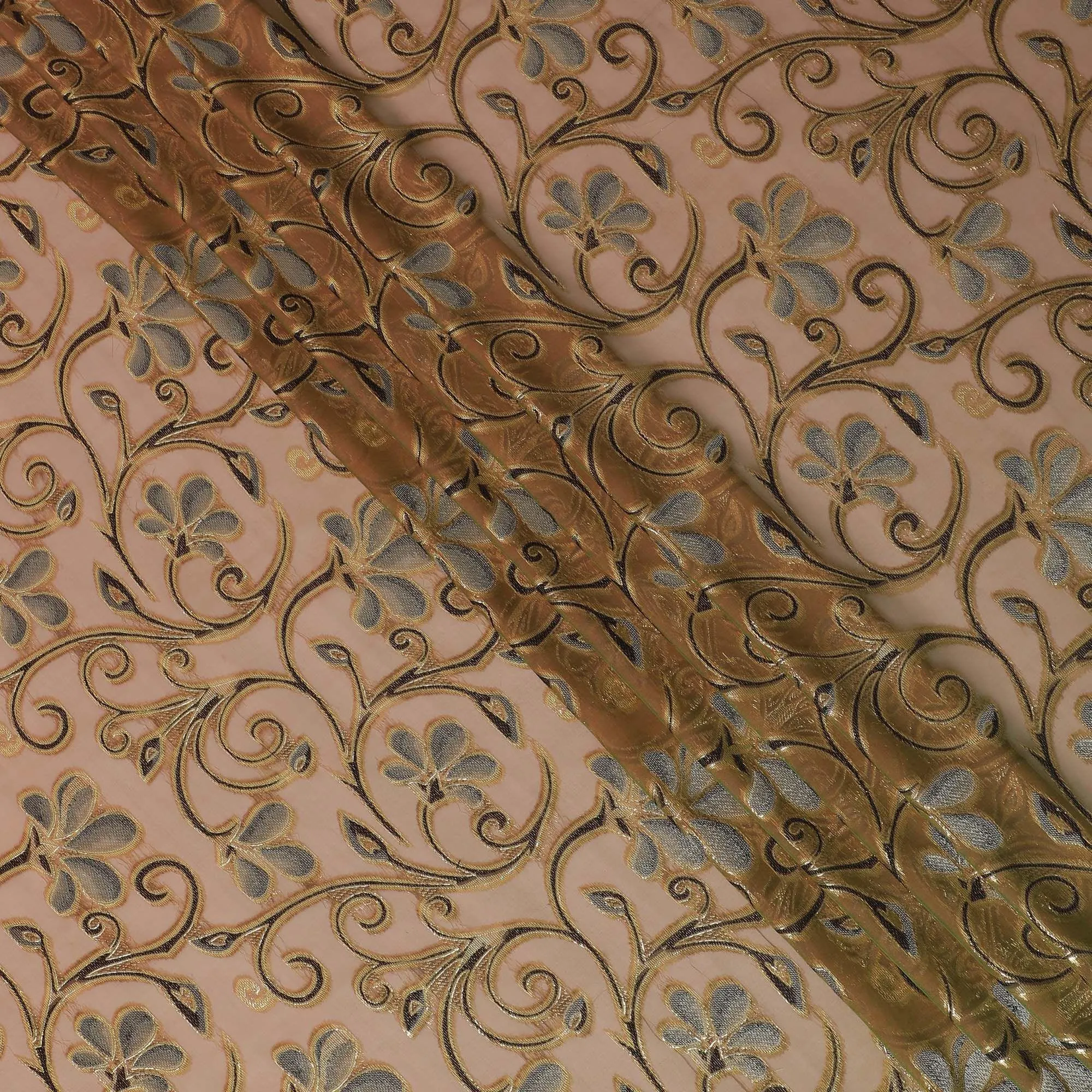 Brown Premium pure changent silk chiffon fabric with black, sage green viscose having gold metallic lurex in floral design-D14644