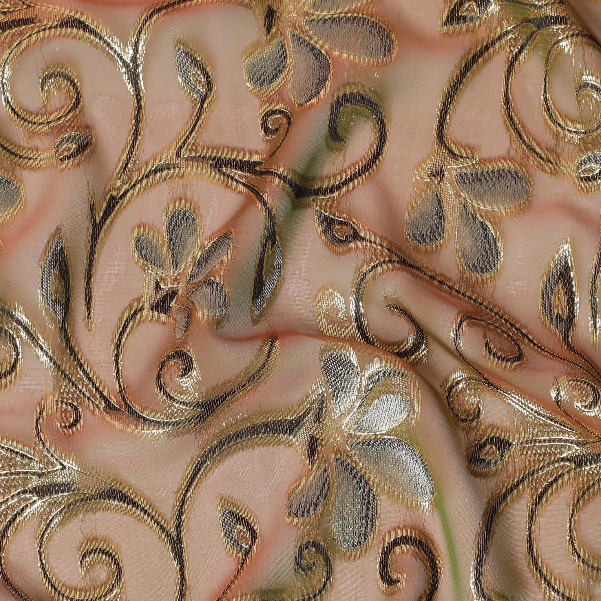 Brown Premium pure changent silk chiffon fabric with black, sage green viscose having gold metallic lurex in floral design-D14644