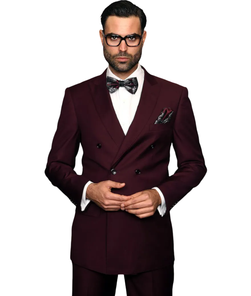 Burgundy classic fit statement men's suit double breasted pleated pants