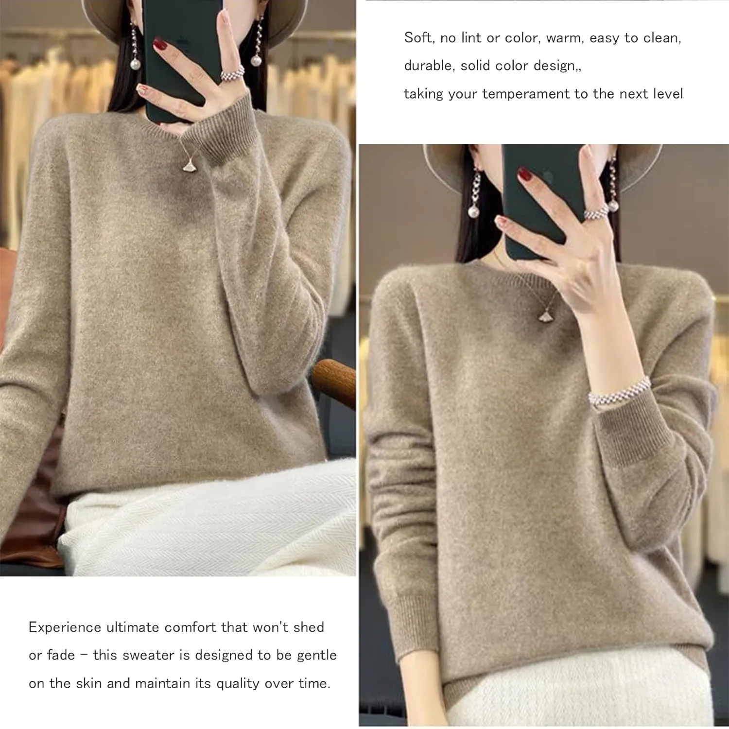 Cashmere Sweaters for Women, 100% Cashmere Women Soft Long Sleeve Neck Knitted Pullover Sweater