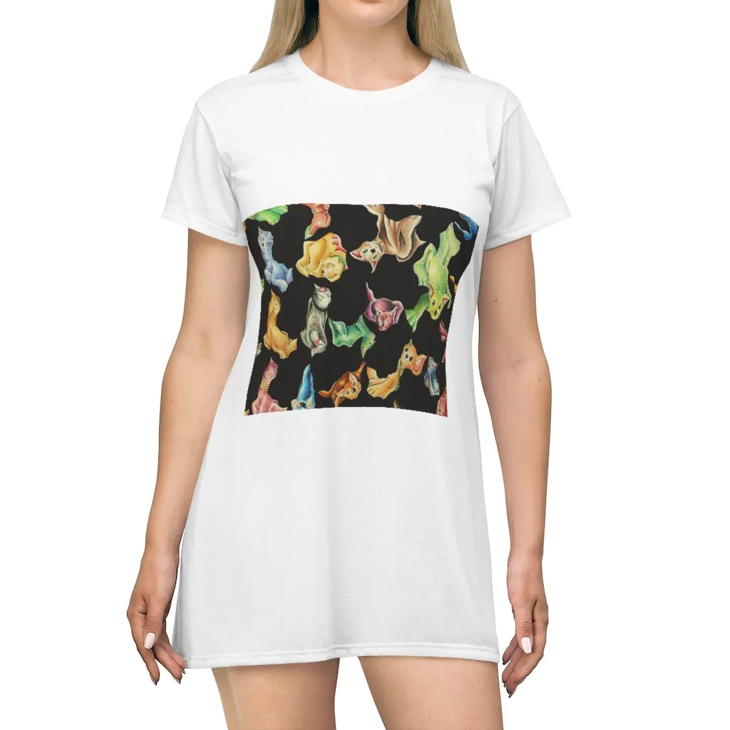Cat Pattern All Over Print T-Shirt Dress