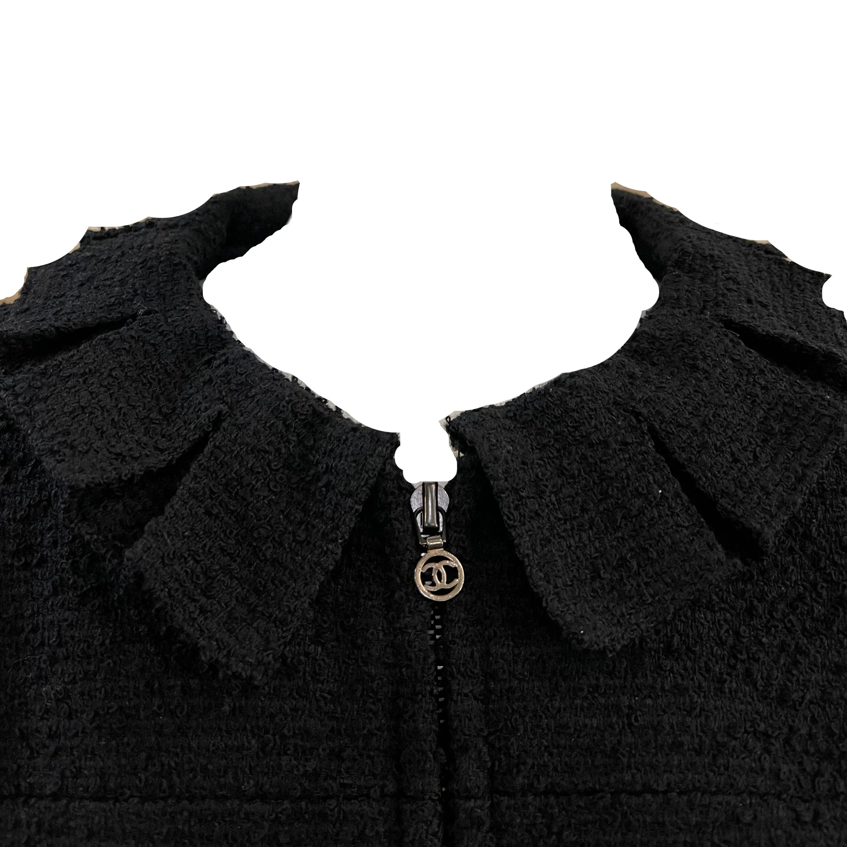 CHANEL Late 90s Black Boucle Zip-Front Suit w/Ruffle Neckline