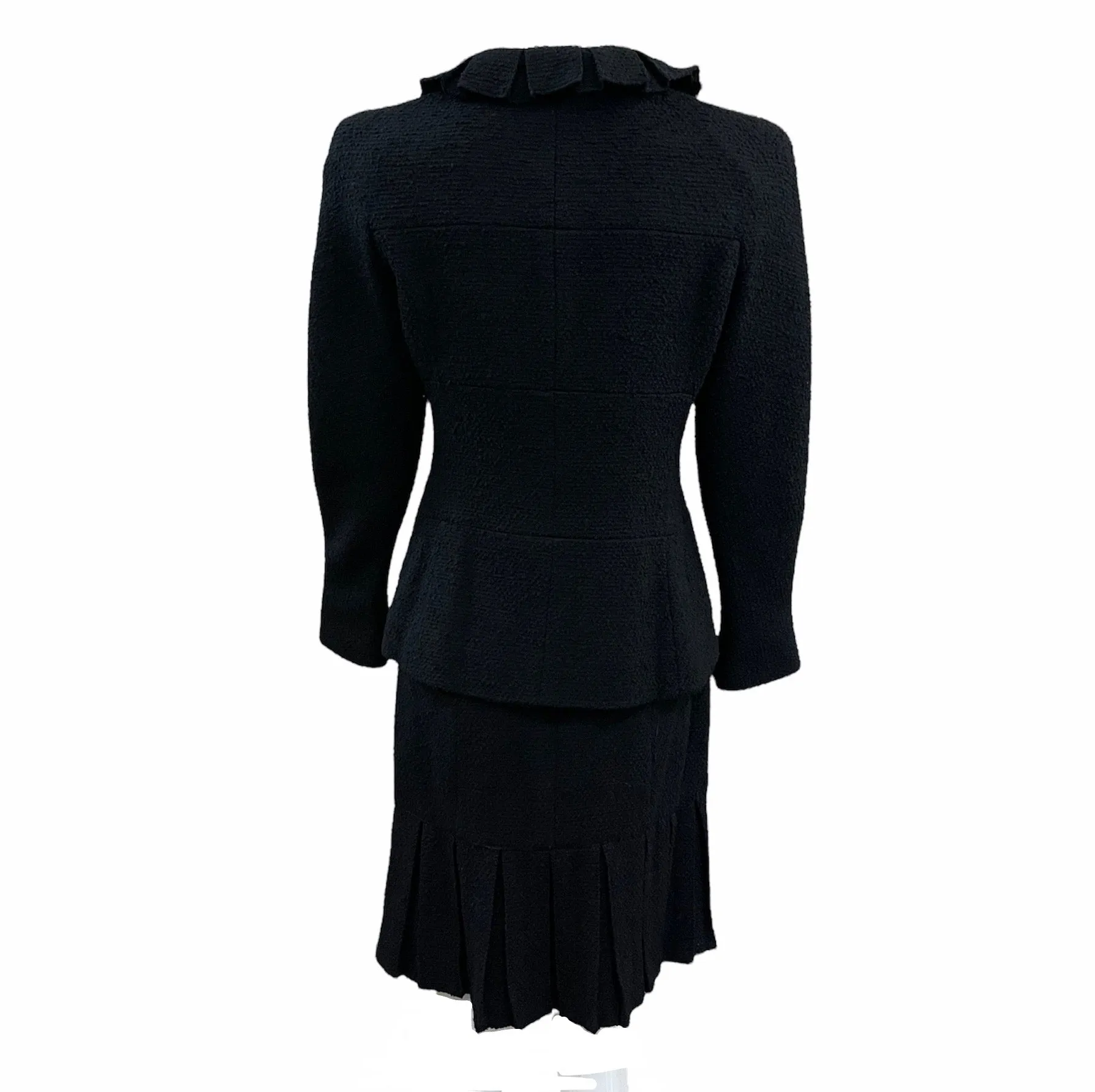 CHANEL Late 90s Black Boucle Zip-Front Suit w/Ruffle Neckline