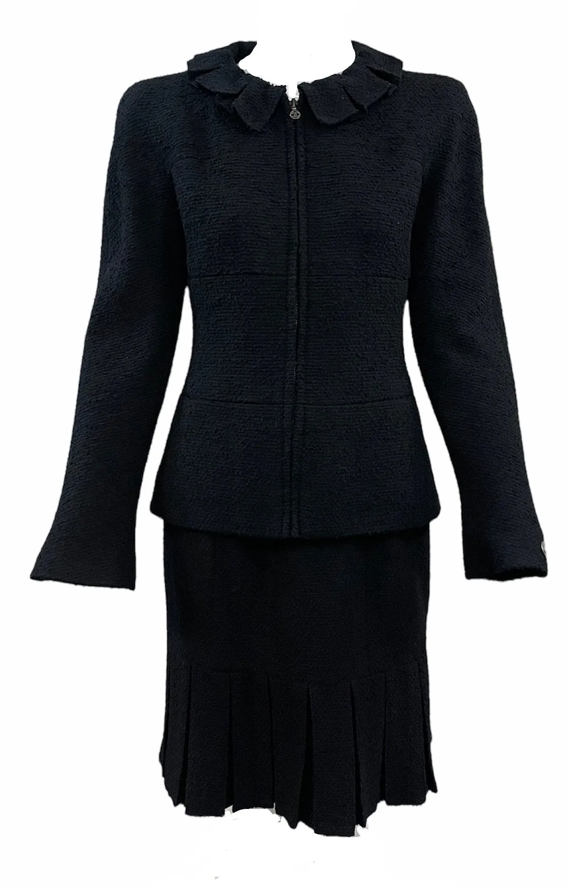 CHANEL Late 90s Black Boucle Zip-Front Suit w/Ruffle Neckline