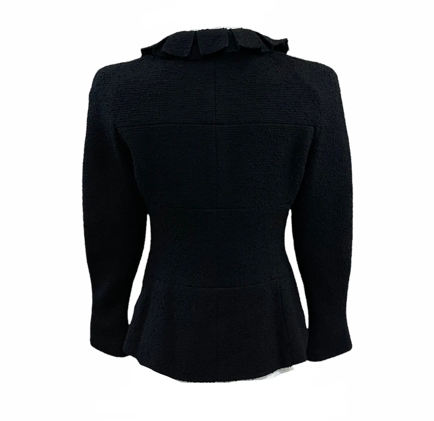 CHANEL Late 90s Black Boucle Zip-Front Suit w/Ruffle Neckline