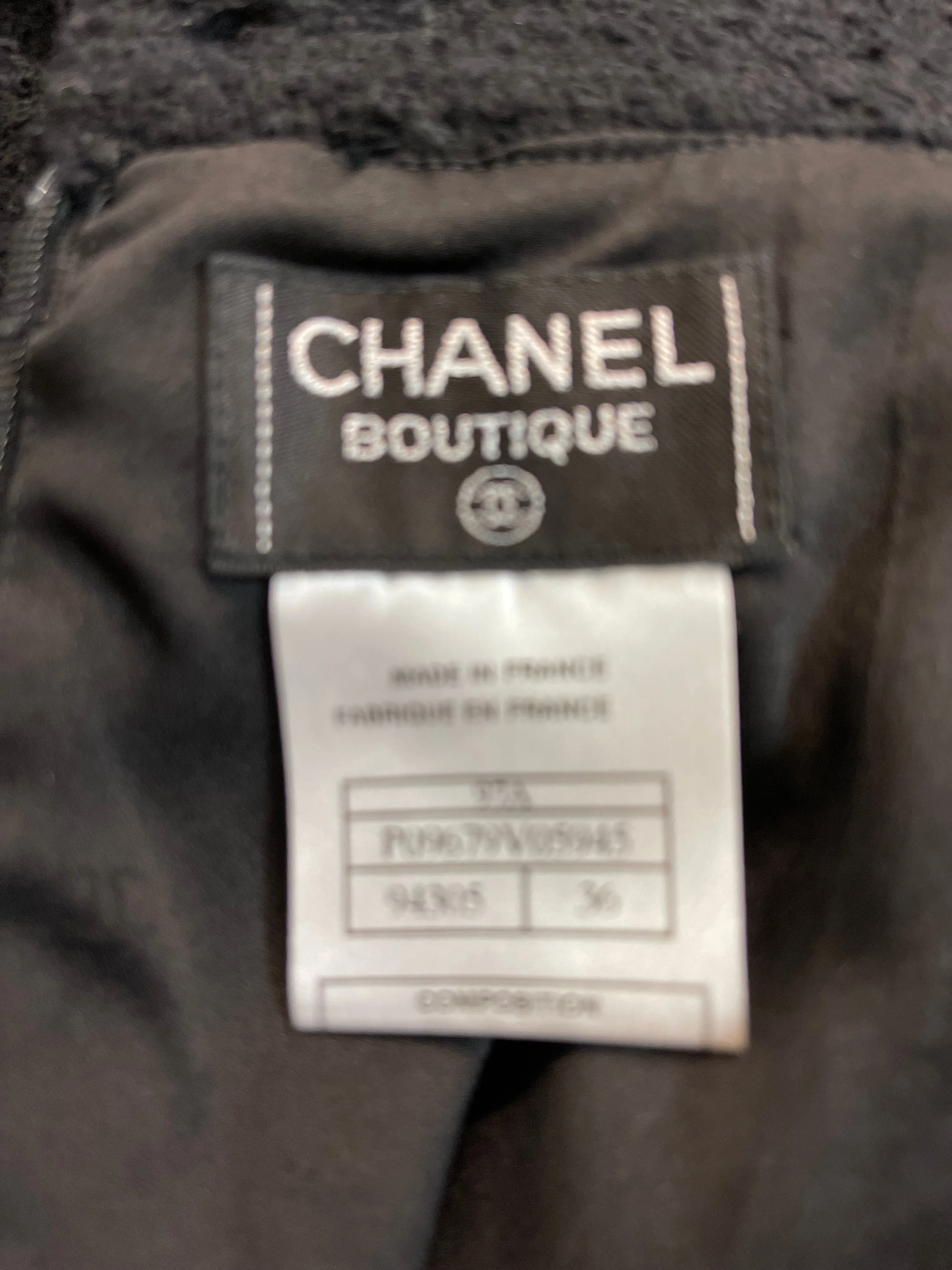 CHANEL Late 90s Black Boucle Zip-Front Suit w/Ruffle Neckline