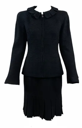 CHANEL Late 90s Black Boucle Zip-Front Suit w/Ruffle Neckline