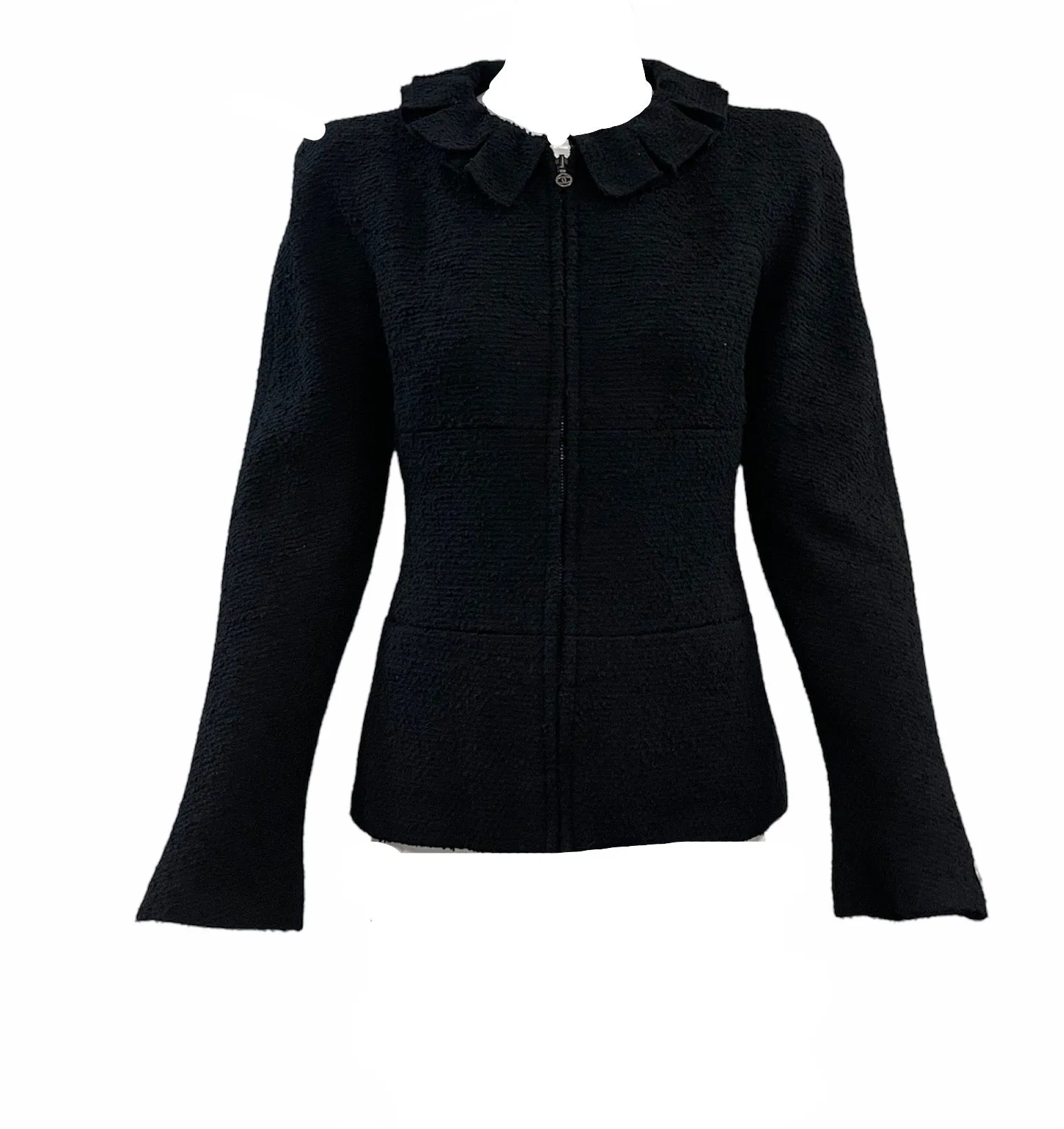 CHANEL Late 90s Black Boucle Zip-Front Suit w/Ruffle Neckline