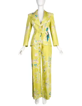 Christian Lacroix Vintage SS 1998 Light Green Watercolor Floral Silk Jacket and Pant Suit