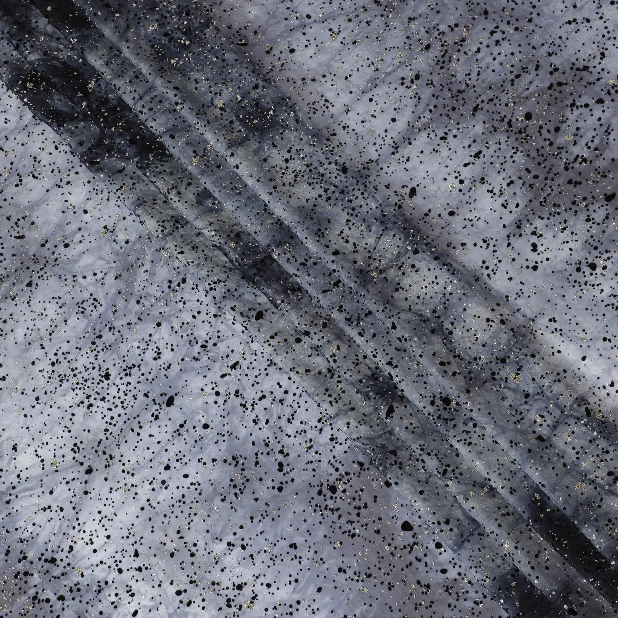 Cloud grey, black Premium pure French (Fransawi) silk chiffon fabric with black flock and silver glitter in fancy design-D14449