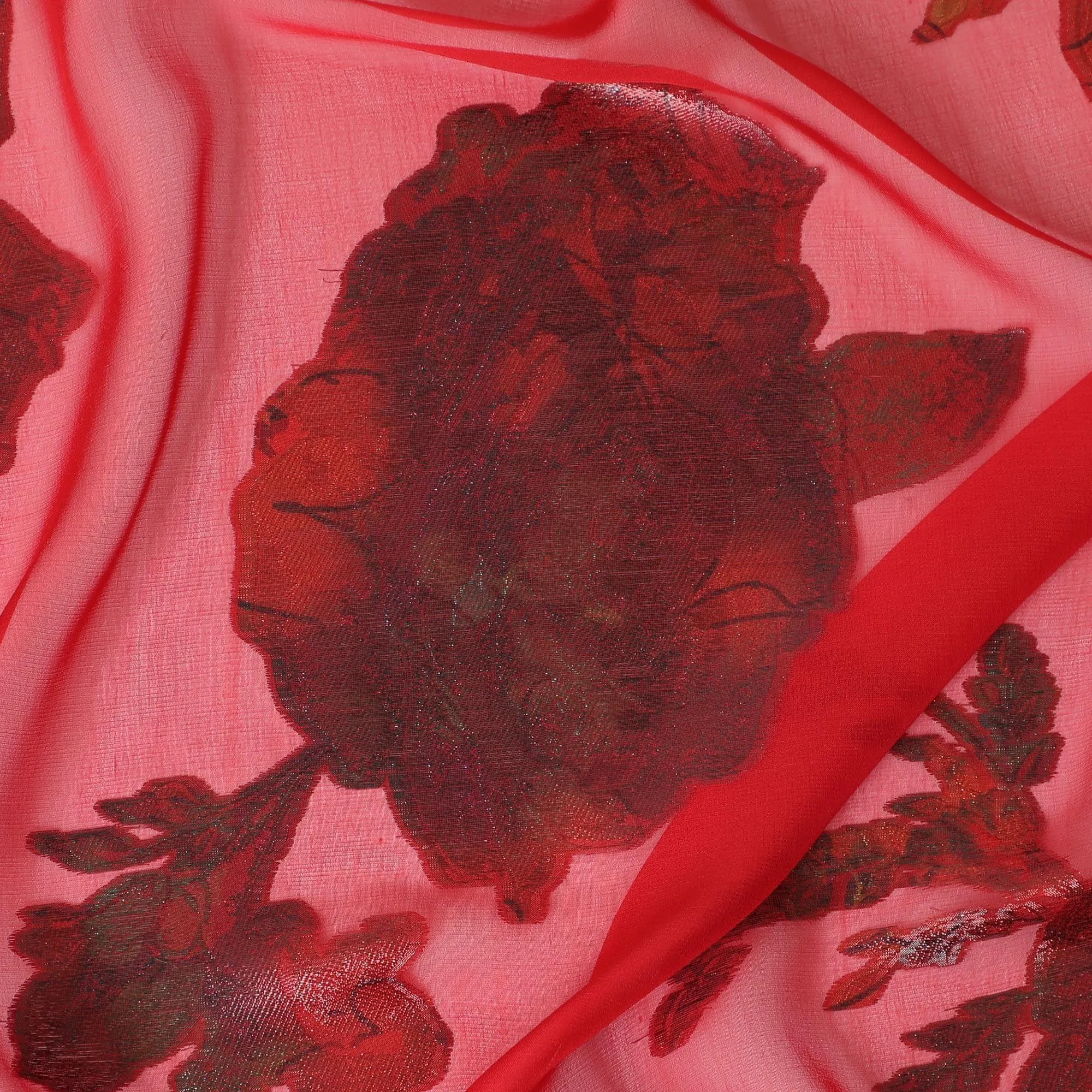 Crimson red Premium pure silk chiffon fabric with multicolor metallic lurex in floral design-D9700